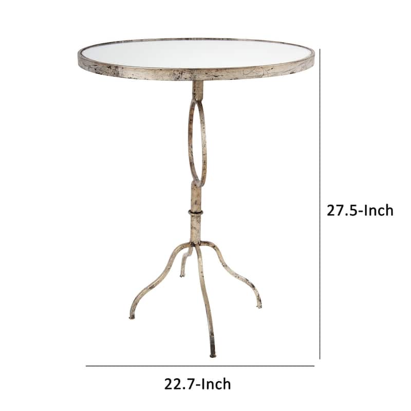 28 Inch Accent Side Table, Oval Mirror Top, Metal Base, Rustic Gold Finish