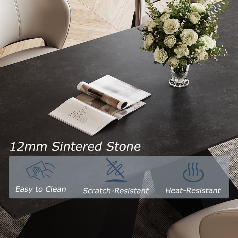 63"-95" Extendable Modern Dining Table, Matte Sintered Stone Table Top, Modern Kitchen Table for 6-10 - 94.5" x 35.4"