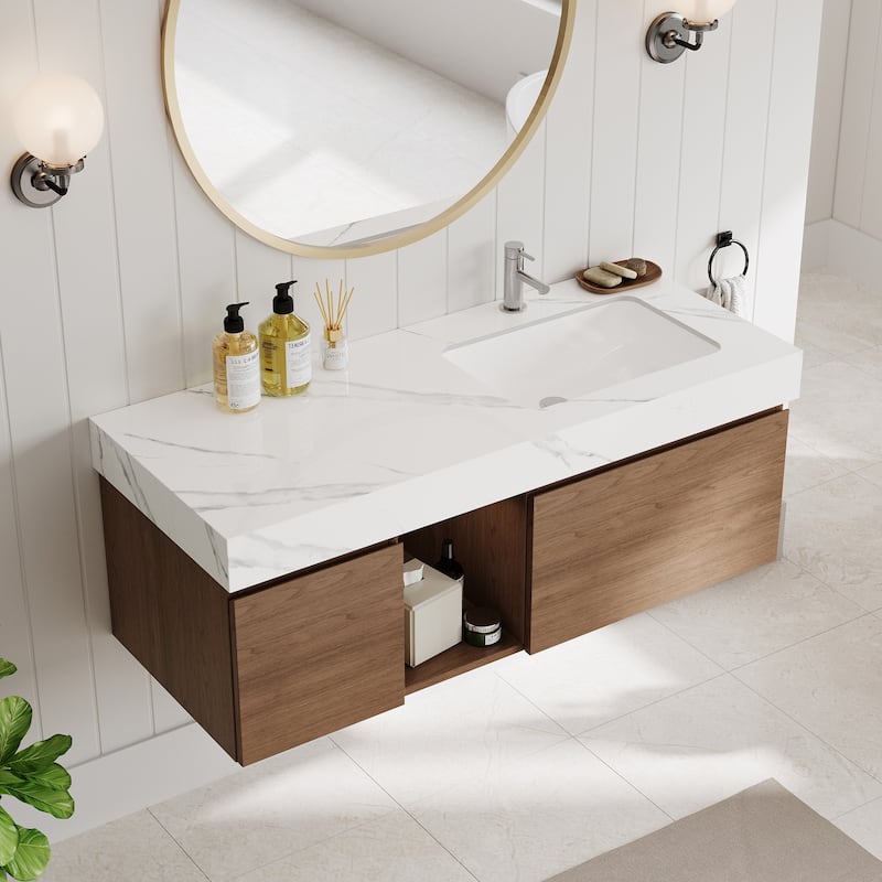 48" Mid Century Single Bathroom faux marble Vanity with Top, Solid Wood, Floating Vanities for Bathroom - 47.6" x 19.6" - White&Brown Wood