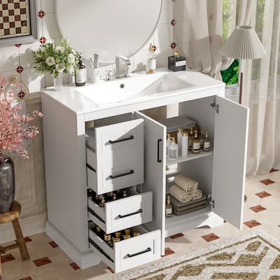 36" Bathroom Vanity with Ceramic Sink, Soft-Close Door, Adjustable Shelf & 3 Drawers