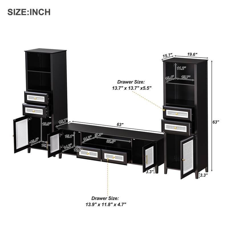 Black Rattan TV Stand Sets with TV Console and 2 Tall Cabinets - 102.10" x 15.70" x 63.00"