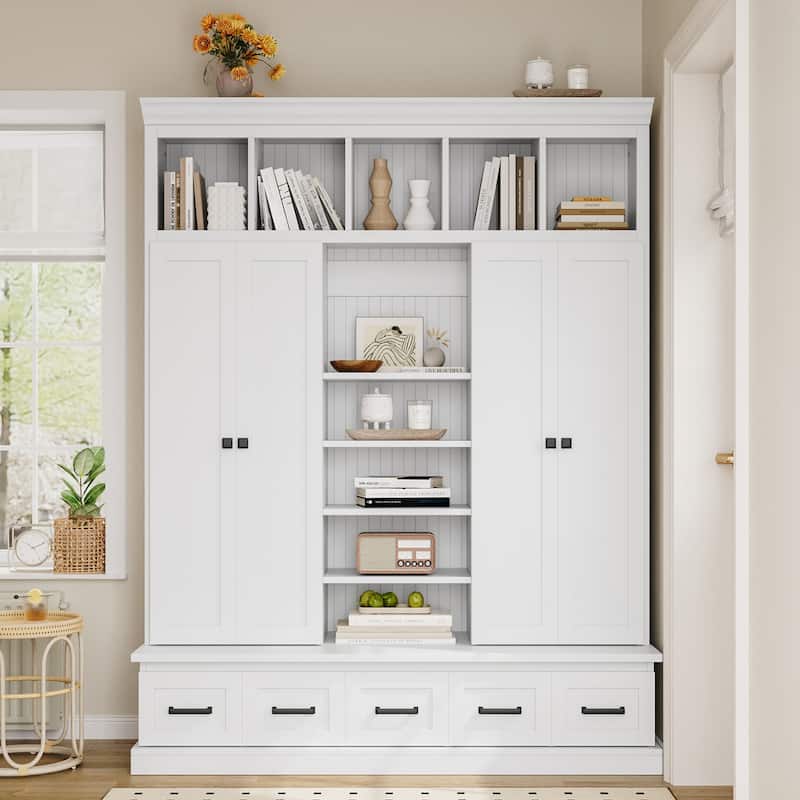 78.7''H Hall Tree with Bench,5 Storage Cubbies,4 Doors, 5 Drawers and Adjustable Shelves - White