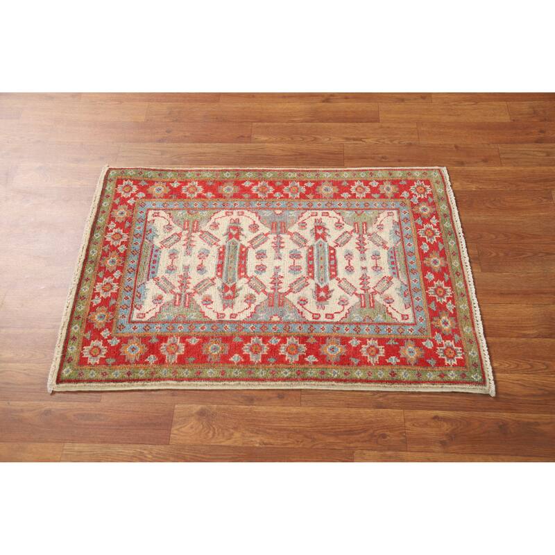 Geometric Kazak Oriental Accent Foyer Rug Hand-Knotted Wool Carpet - 2'0"x 3'0"