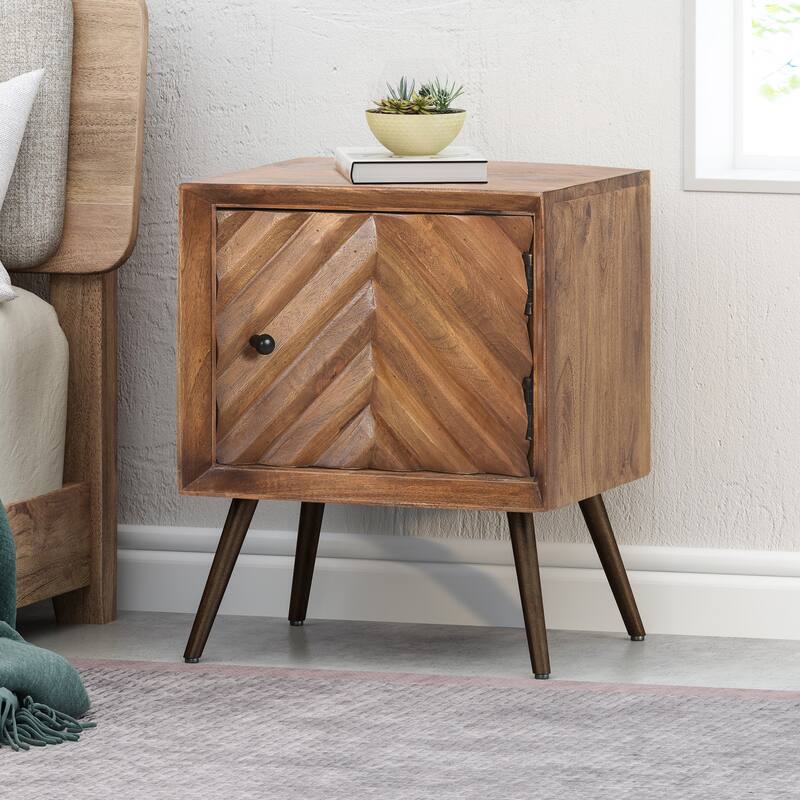 Handcrafted Mango Wood Mid-Century Modern Accent Cabinet with Chevron Design and Storage Space