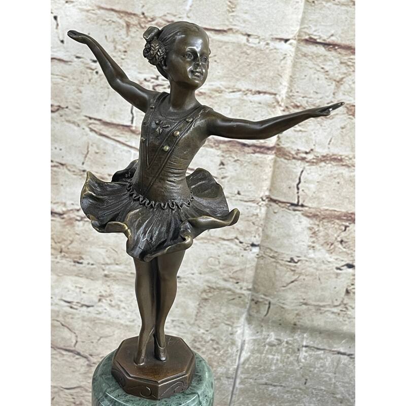Ballerina Ballet Dancer Young Girl Bronze Figurine Sculpture On Green Marble Base