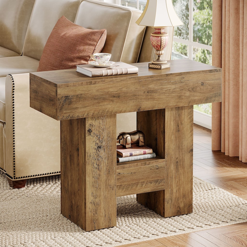 Farmhouse Wooden End/Side Table with 2-tier Storage