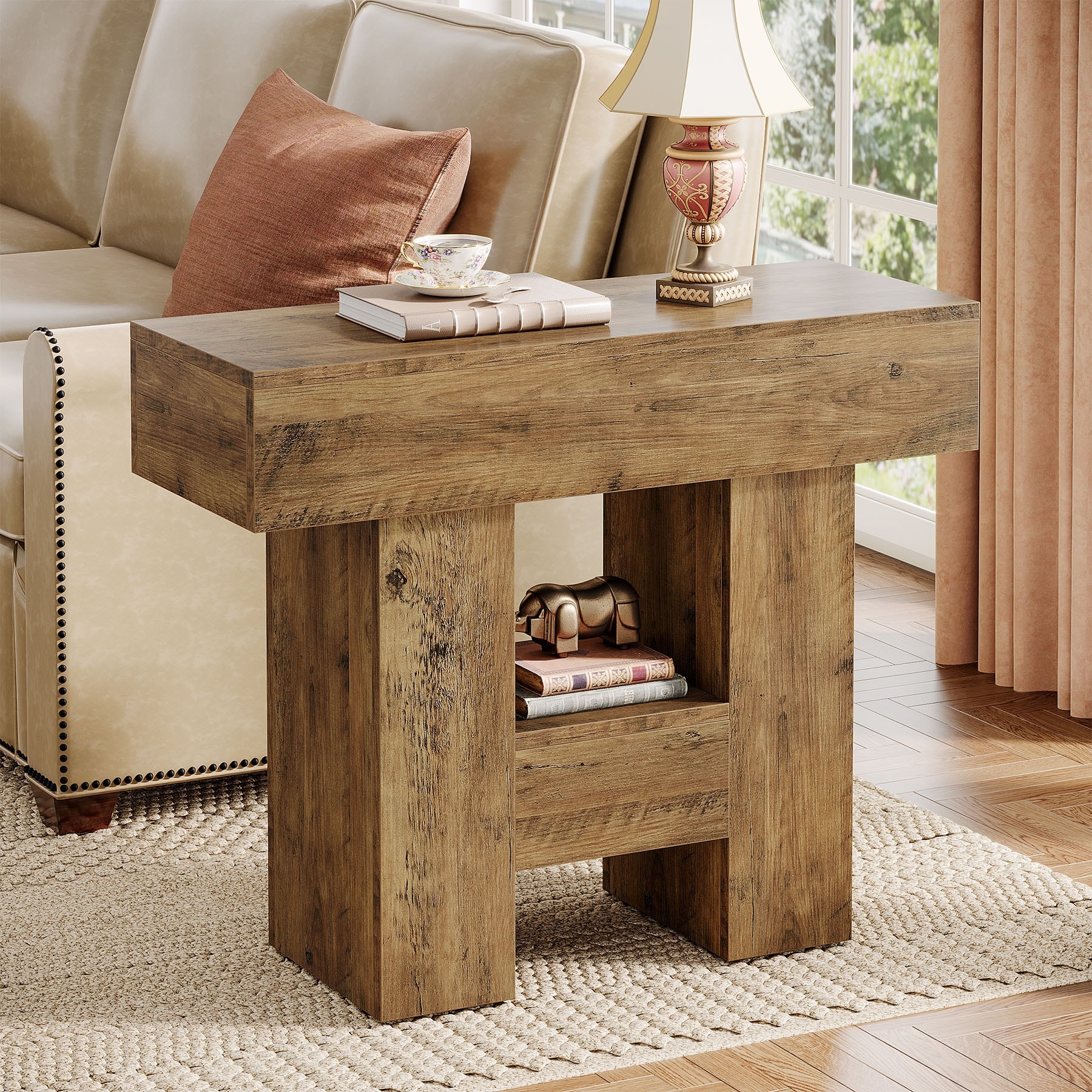 2-Tier Rustic Wooden Side Table for Living Room