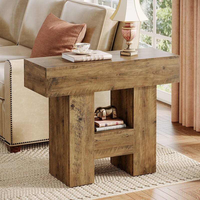 31.5 Inches Farmhouse Side Table with Storage Shelves for Living Room - 31.5" L x 11.8" W x 25.59" H - Brown