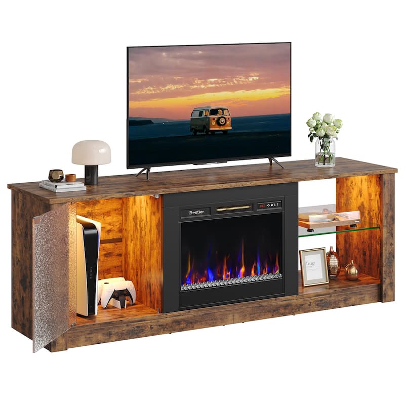 Bestier Fireplace TV Stand with 23" Electric Fireplace for TVs Up to 70 inch, LED Entertainment Center with Adjustable Shelf