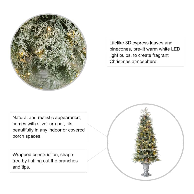 Glitzhome 4ft/5ft Pre-Lit Pine Artificial Christmas Porch Tree with Warm White Lights and Silver Pot