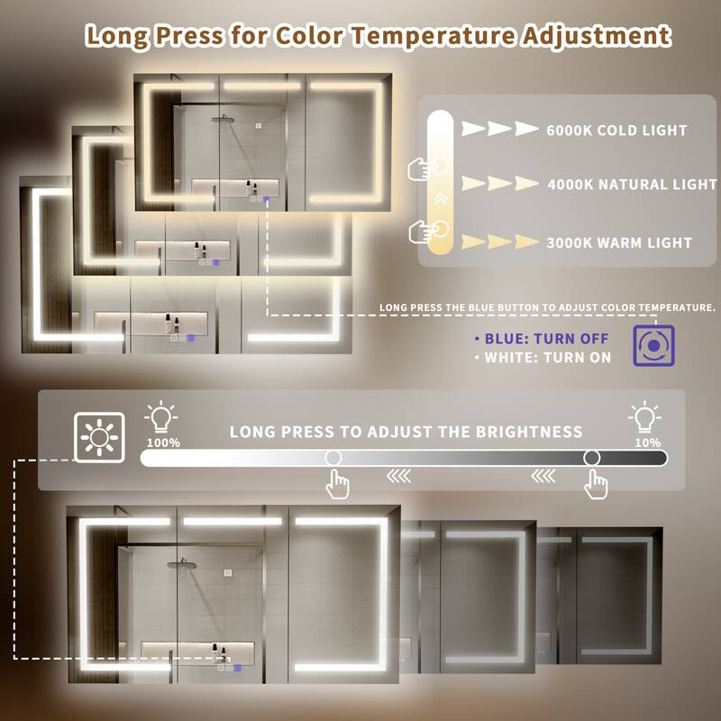 Modland 48-60" Extra Wide LED Medicine Cabinet - Dimmable Tri-Color Lighting,Defogger & GFCI Outlet