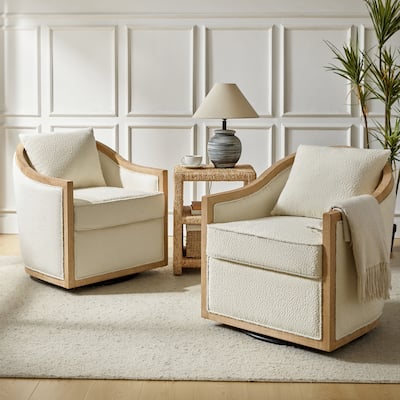 Oswald Jess Farmhouse Solid Wood Edging Swivel Barrel Chair with Toss Pillows Set of 2 by HULALA HOME