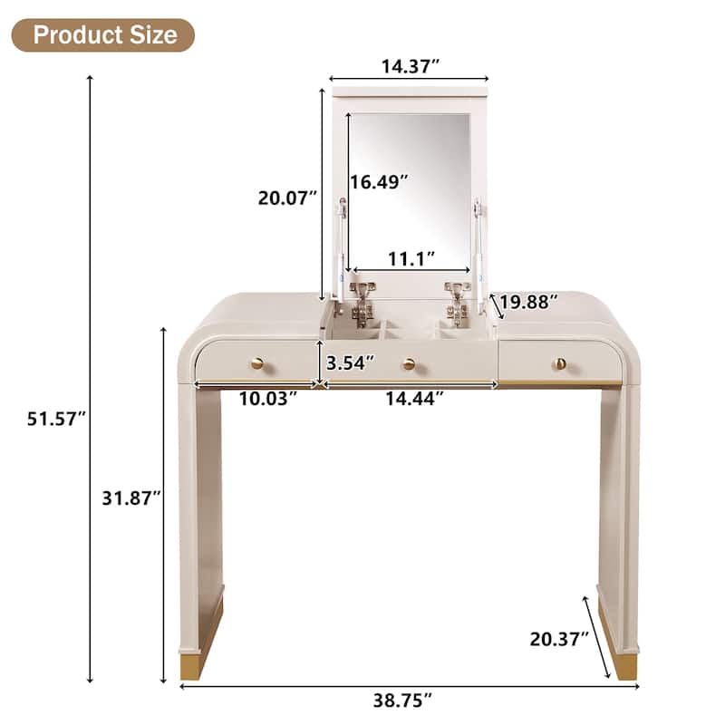 Roomfitters Flip Top Vanity Desk with Mirror and Hidden Storage, Modern Makeup Table with Gold Trim for Small Space
