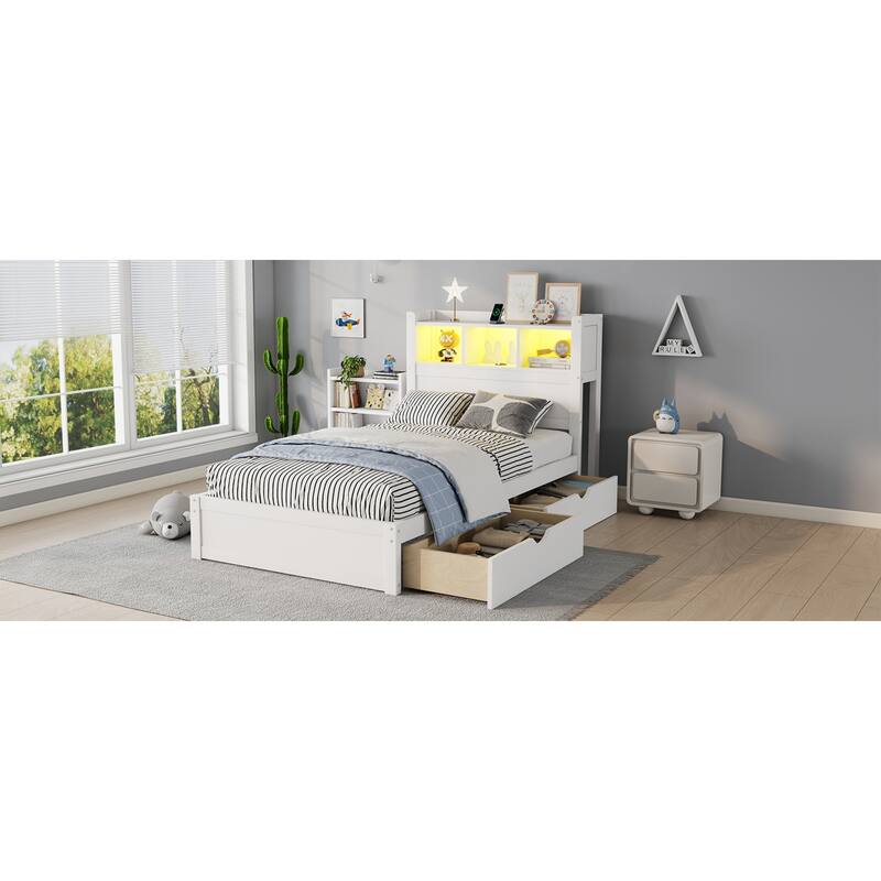 Roomfitters Twin/Full Platform Bed, LED Bookcase Headboard and Pull Out Storage Drawers with Wooden Frame for Bedrooms