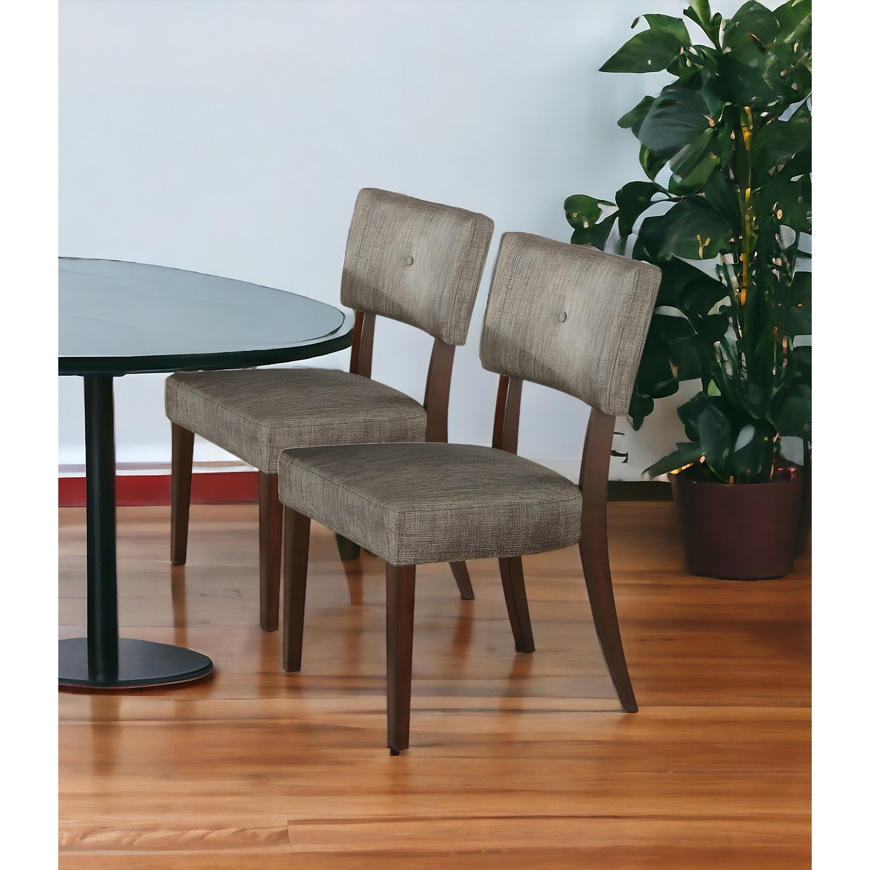 Set of Two Tufted Gray And Brown Upholstered Fabric Open Back Dining Side Chairs