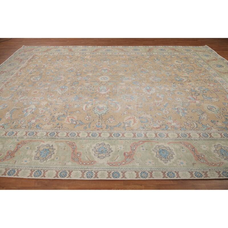 Hand Knotted Oriental 100% Wool Carpet Traditional All-Over Peach Tabriz Area Rug - 12' 8'' X 10' 0''