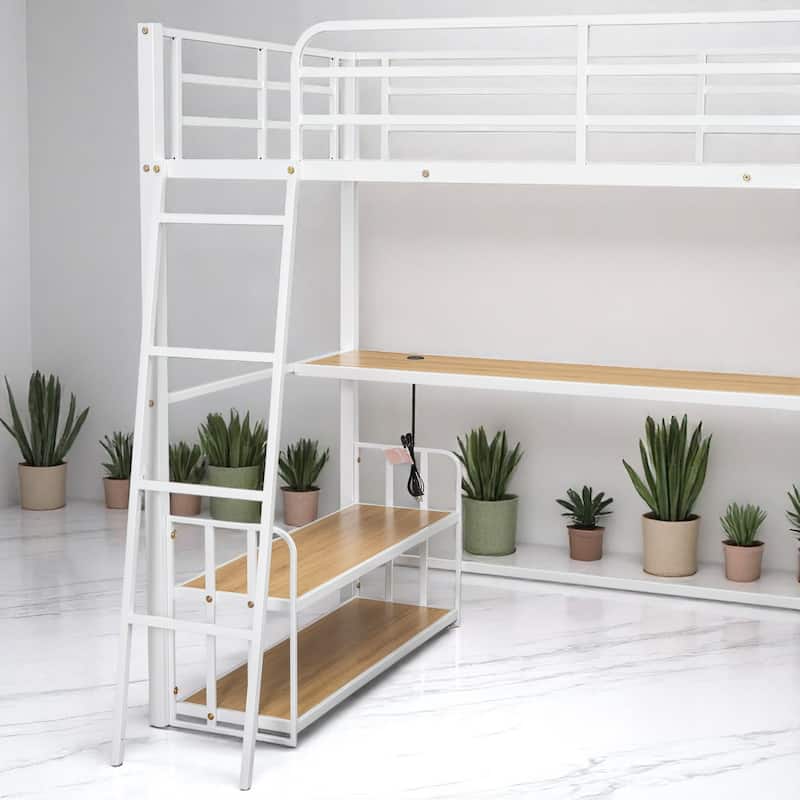 Space-Saving Loft Bed with Desk, Storage Shelves, and Charging Station - Twin/Full Size