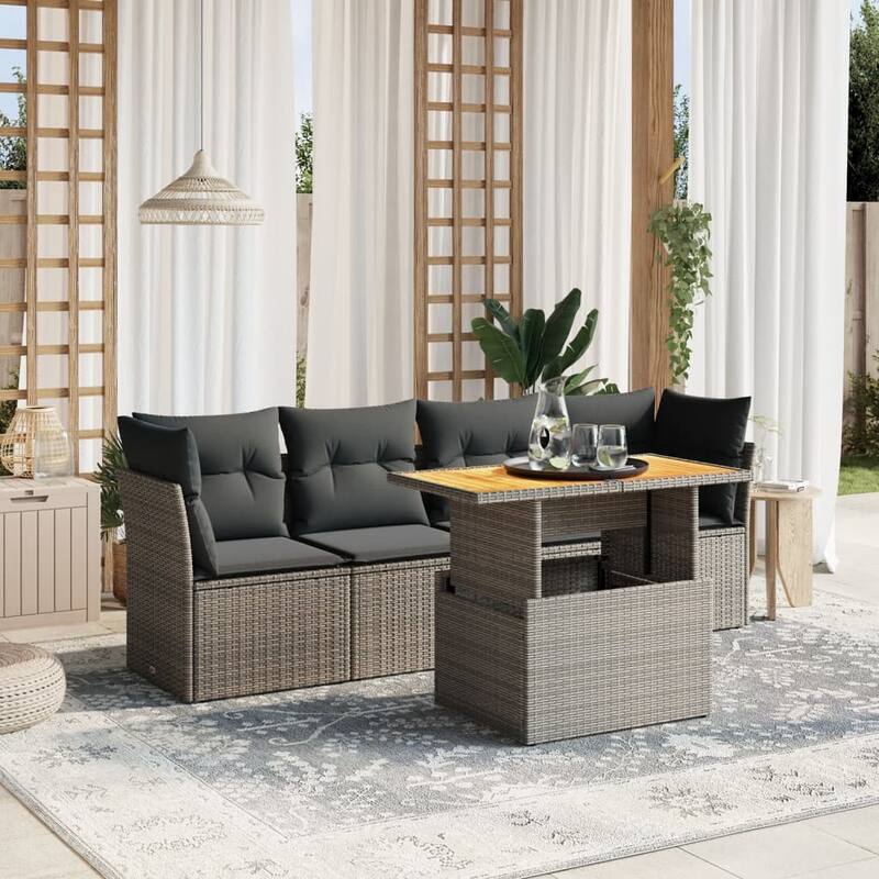 vidaXL Patio Sofa Set with Cushions Table and Modular Sofas 5 Piece Poly Rattan - 21.7 x 39.4 x 28.7 - Grey