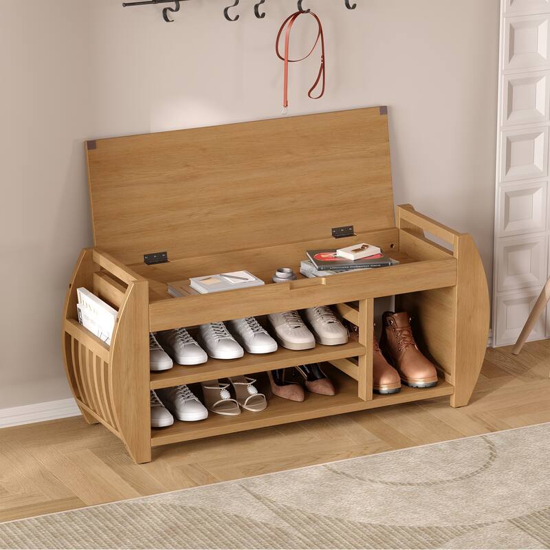 Shoe Bench 2-Tier Storage Bench with Cushion & Curved Side Holder, Wooden Panel Shoe Rack Organizer for Entryway, Living Room