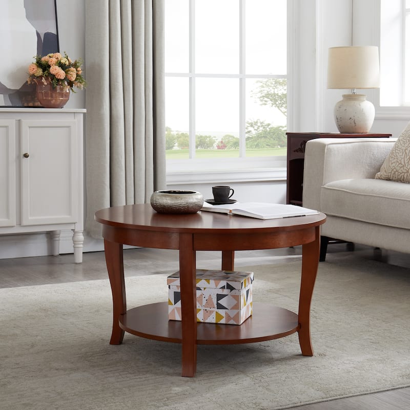 Traditional Round Coffee Table with Open Storage Shelf,2-Tier Storage Wood Center Circle Accent Table for Living Room