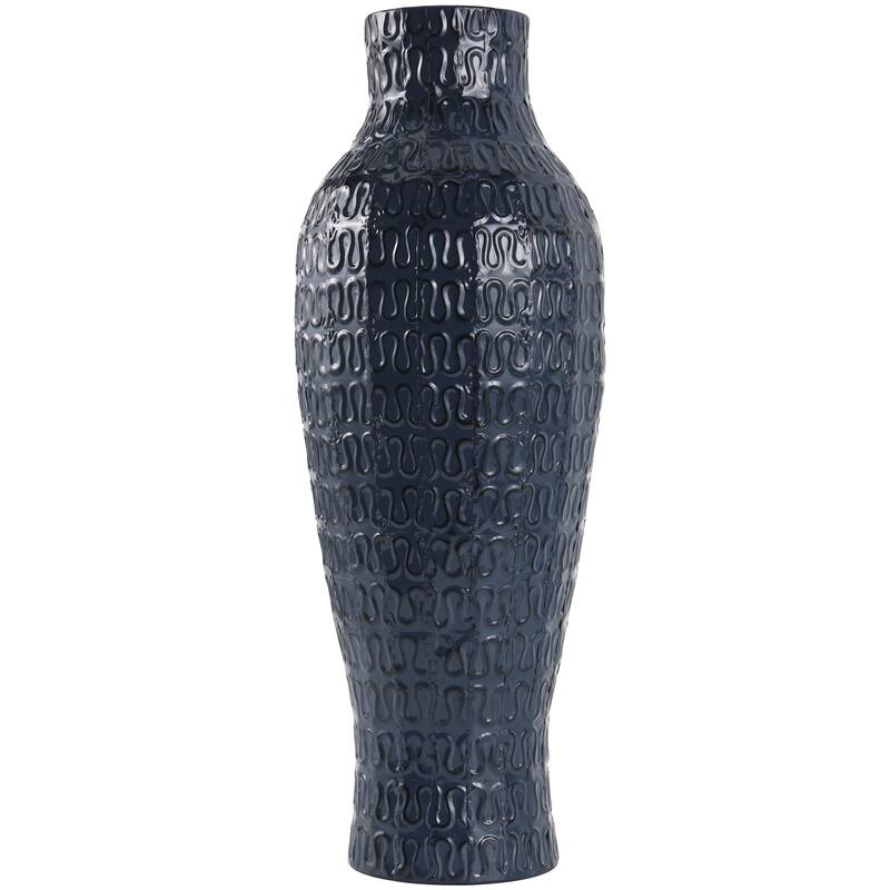 Metal Dimensional Textured Decorative Vase with Wavy Pattern - Dark Blue - Roche River Decor