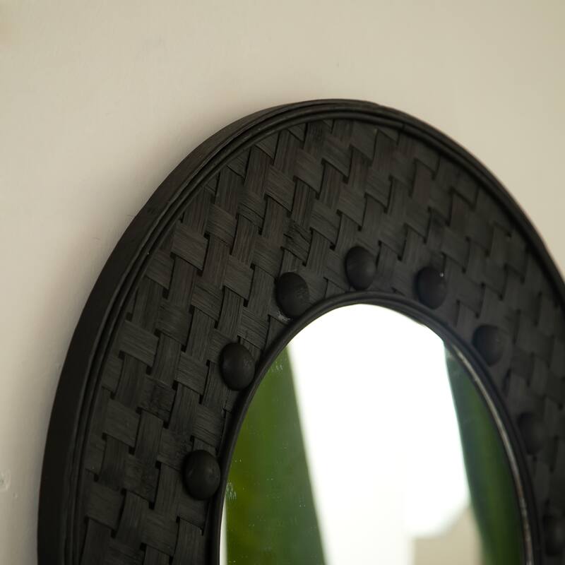 GDFStudio - Aura Natural-Log Style 24" Handwoven Bamboo Artistry Round Wall Mirror for Decoration