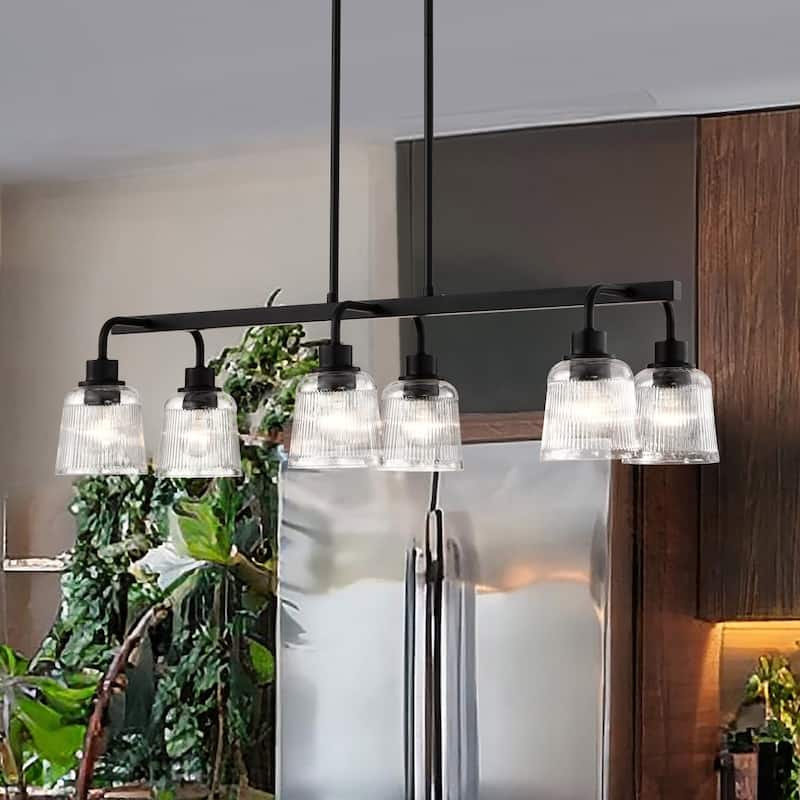 Grayson 6 Light Island Pendant Matte Black Finish Clear Ribbed Glass - Matte Black
