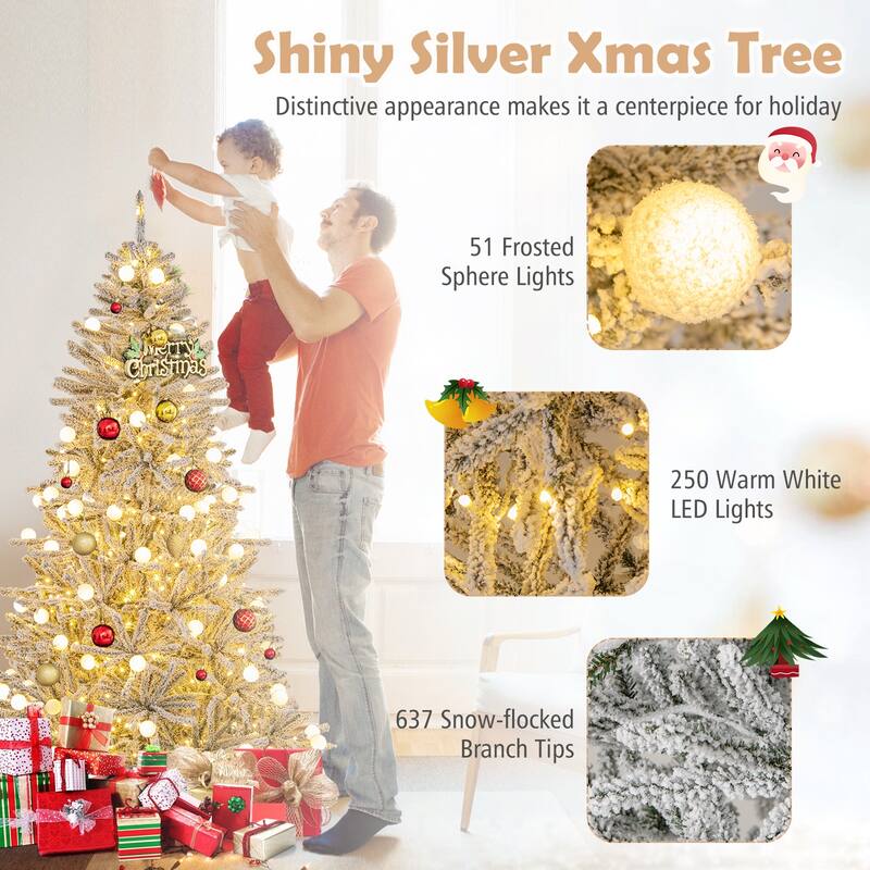 Snow Flocked Prelit Christmas Tree Green and White with LED and Frosted Sphere Lights Adjustable