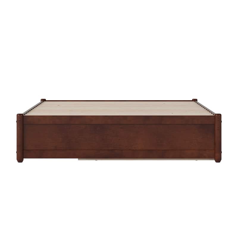 Platform Bed with Trundle - Twin Size, Walnut Finish - Full Panel Design & Wood Slats - Guest Bed