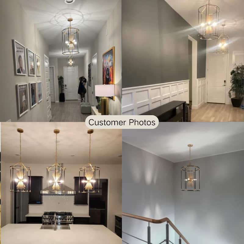 Modern Farmhouse 4-Light Black Gold Starburst Chandelier Cage Pendant Light for Dining Room