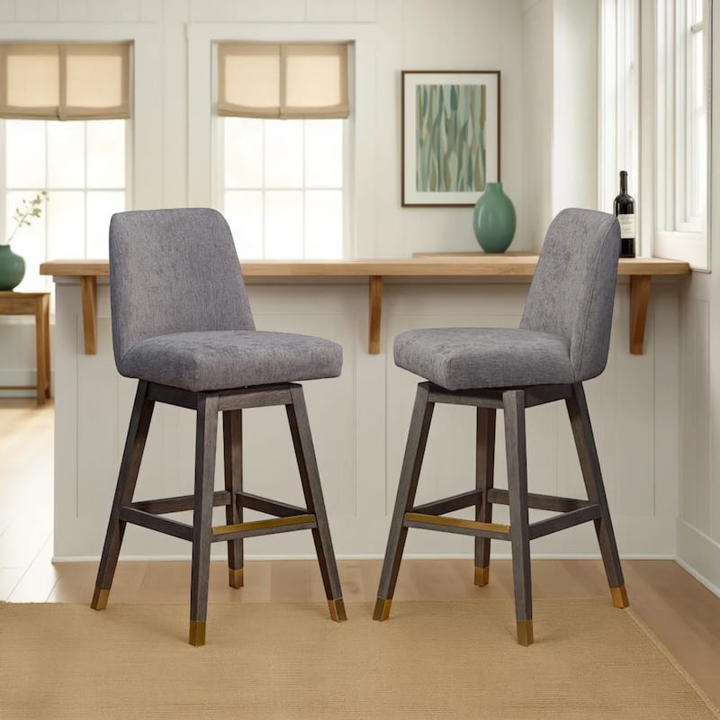 Amalie Upholstered Bar Stool, Swivel Counter Chair with Solid Wood Frame - Set of 2 - Grey & Mocha Fabric - Bar Height