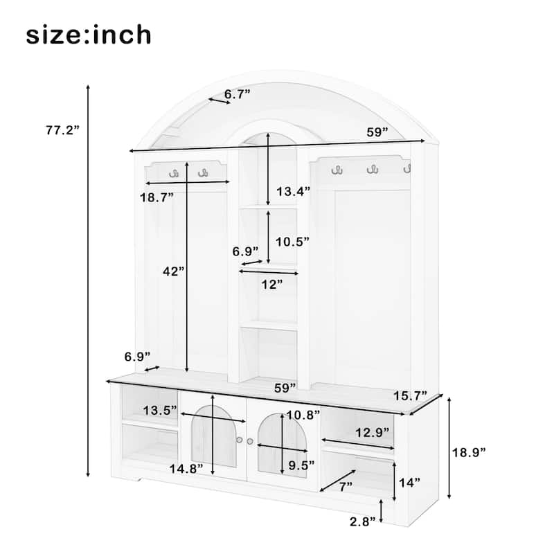 Hall Tree with Bench and Shoe Storage, Wood Entryway Bench with Coat Rack, Coat Hooks, Narrow Tall Storage Cabinet with Shelf