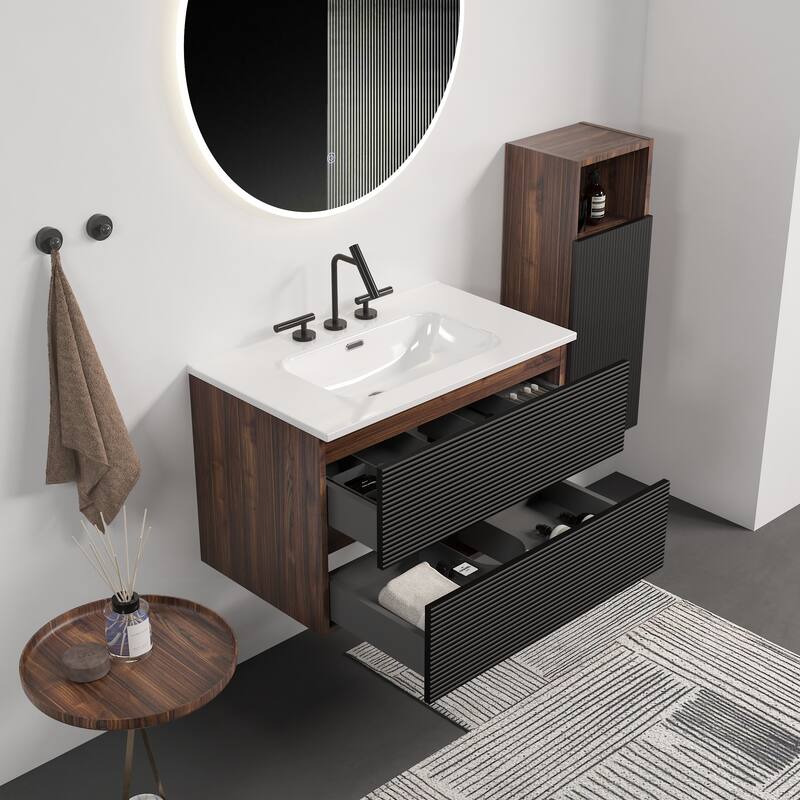 30" Wall-Mounted Bathroom Vanity with Integrated Ceramic Sink & Overflow, Large Storage Floating Cabinet - Black+Brown