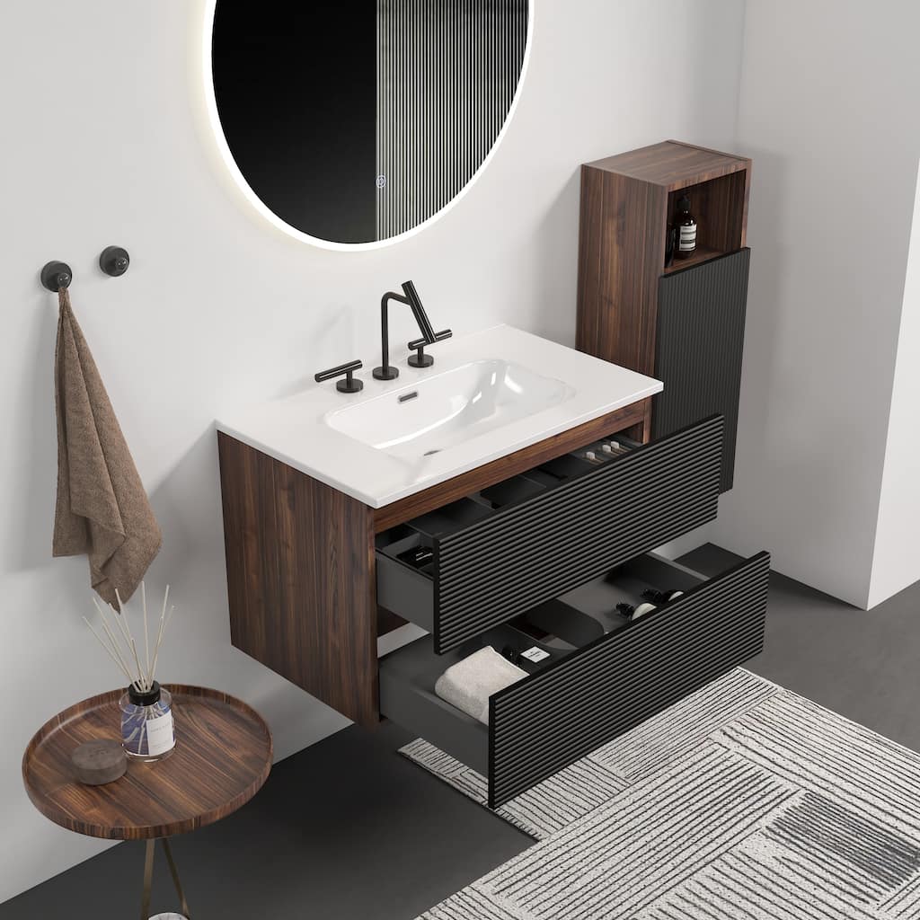 30" Wall-Mounted Bathroom Vanity with Integrated Ceramic Sink & Overflow, Large Storage Floating Cabinet