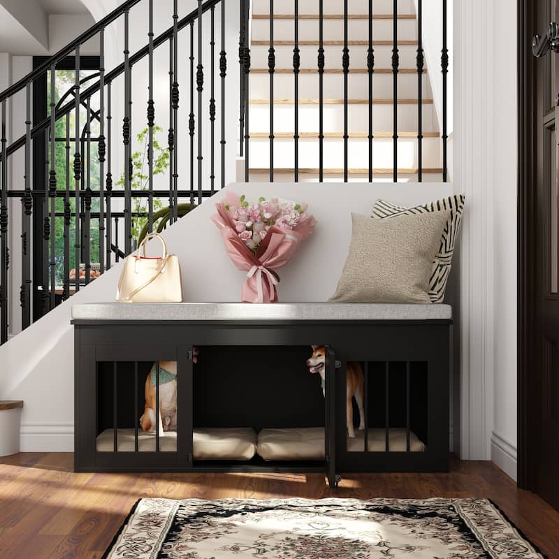 Chic Pet Haven: Luxe Wooden Dog Crate & Designer Home Bench - 47.2"