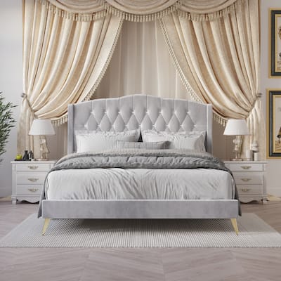 CraftPorch Velvet Diamond Button Tufted Upholstered Platform Bed