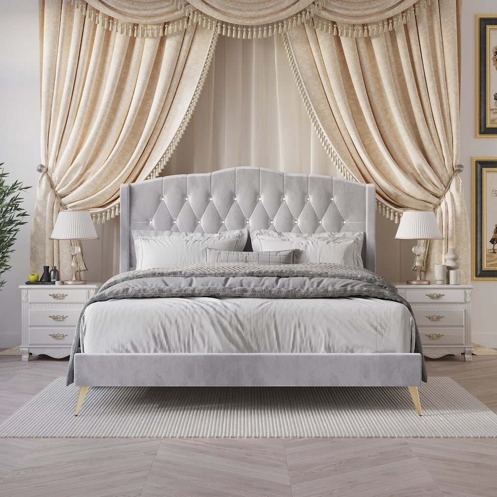 CraftPorch Velvet Diamond Button Tufted Upholstered Platform Bed