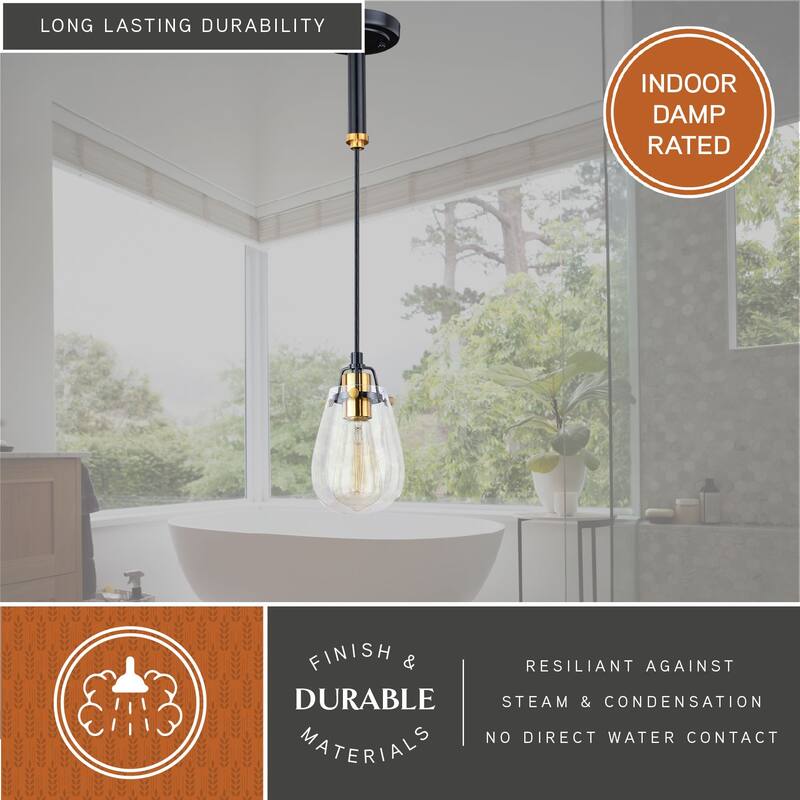 Kassidy Black and Brass Industrial Teardrop Mini Pendant Ceiling Light Clear Glass - 5-in W x 16-in H x 5-in D