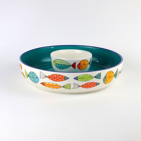 slide 1 of 3, Euro Ceramica FreshCatch Multicolor Ceramic 2 Piece Chip and Dip Blue