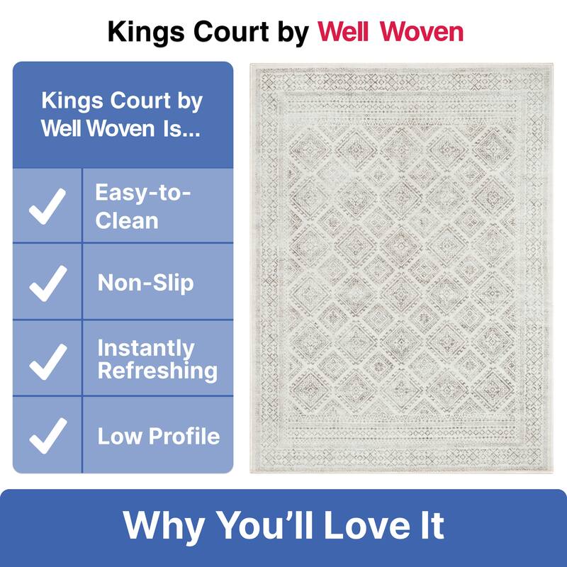 Well Woven Kings Court Sana Transitional Damask Washable Low Pile Rug