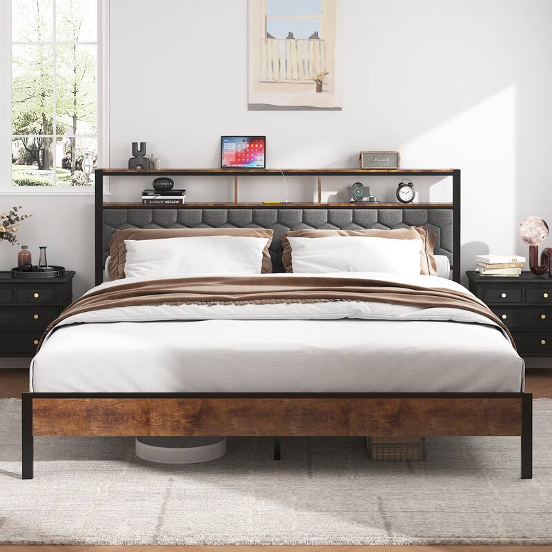 Wooden Platform Bed Frame with 2 USBs,No Noise - King