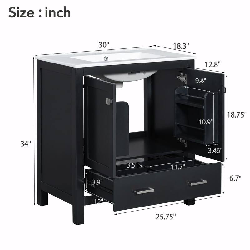 36"/30" Bathroom Vanity with Ceramic Sink, Soft-Close Doors, Double Storage Shelves & Divided Drawer