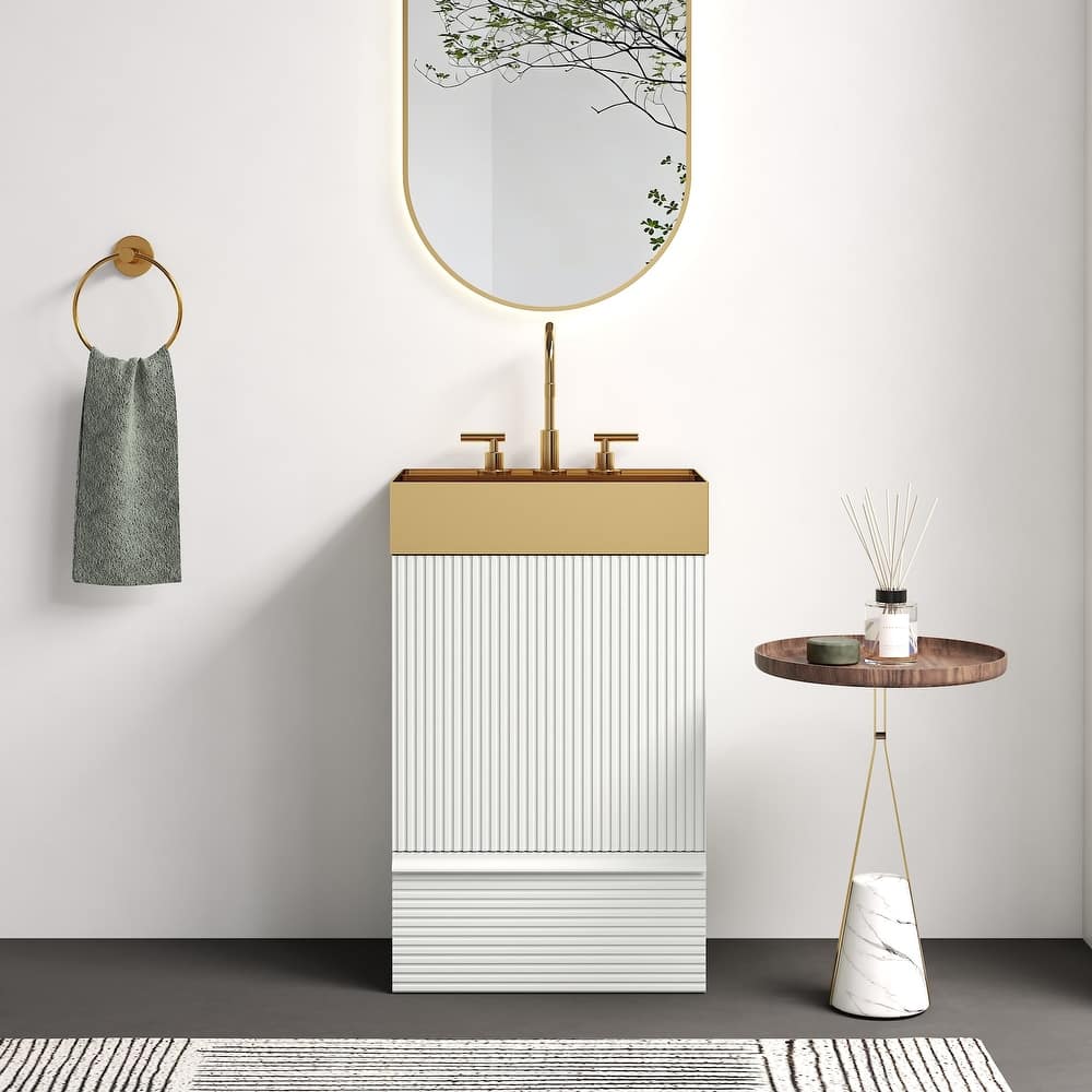 20" Striped Freestanding Bathroom Vanity with Ceramic Sink, Modern Bathroom Storage Cabinet