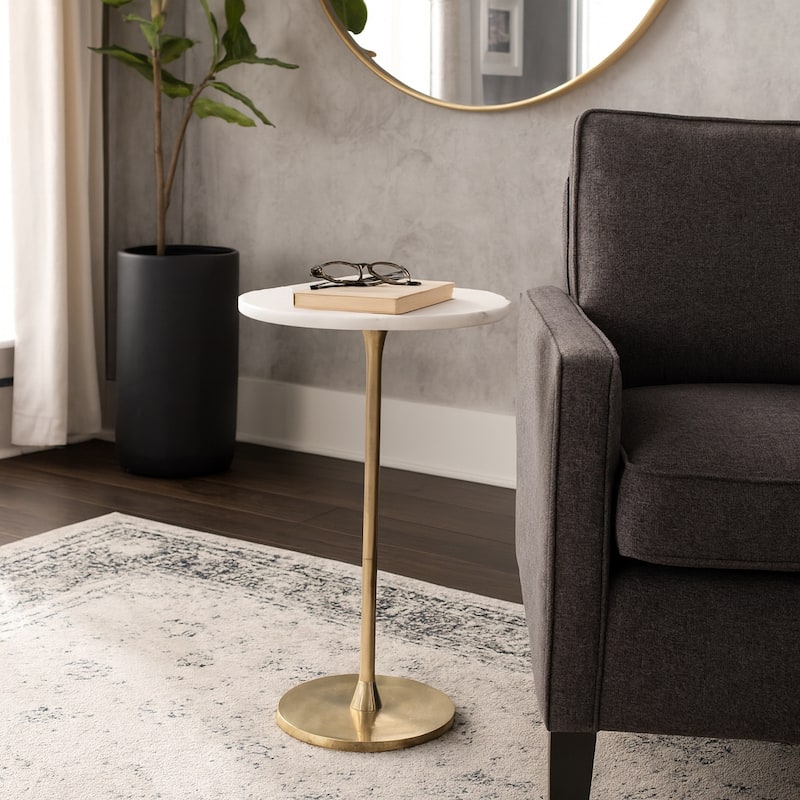 Metal Stone Top Modern Round End Table - Gold, 24" - 24.0" - 24.0" - Gold/ Metallic - Marble