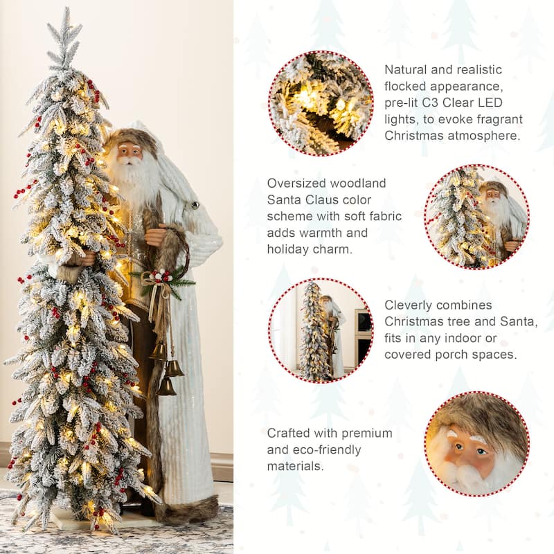 Glitzhome 4ft Oversized Christmas Woodland Santa with 5ft Pre-Lit Flocked Artificial Christmas