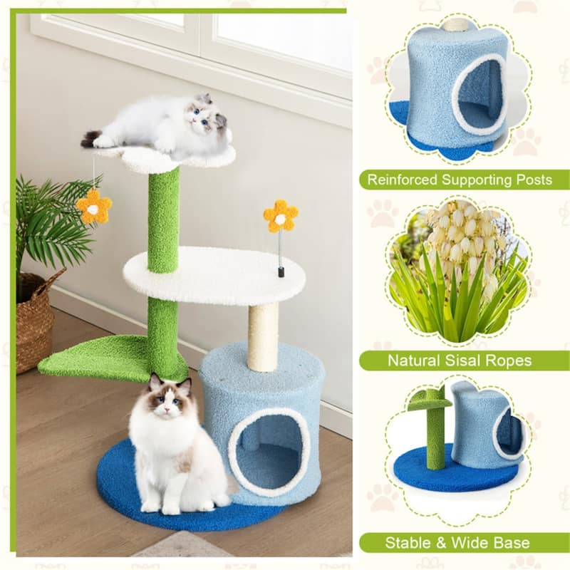 4-Tier Cat Tree with Cozy Perch, Scratching Post & Interactive Toys for Fun & Comfort - 19.5" x 19.5" x 34.5"