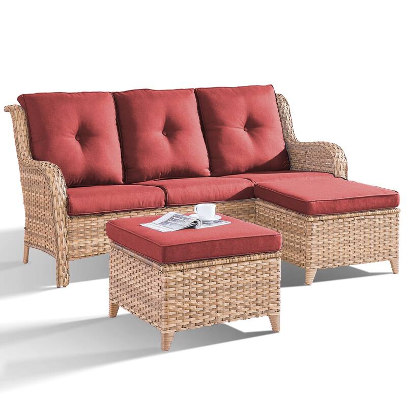 Outdoor 3-Piece Wicker Sofa Set with Ottoman