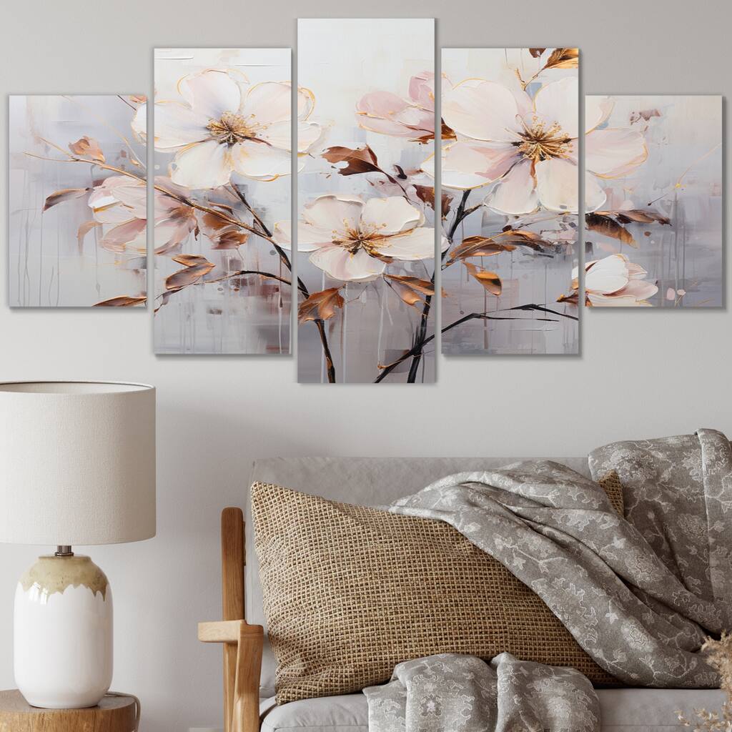 Designart "Beige Minimalist Blossoms I" Abstract Botanicals Metal Wall Décor Set