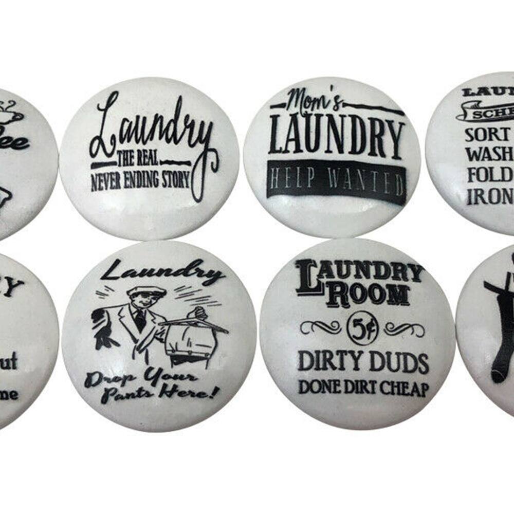 Set of 8 Black and White Laundry Room Print Wood Knobs 1.5" Wide Bed Bath & Beyond