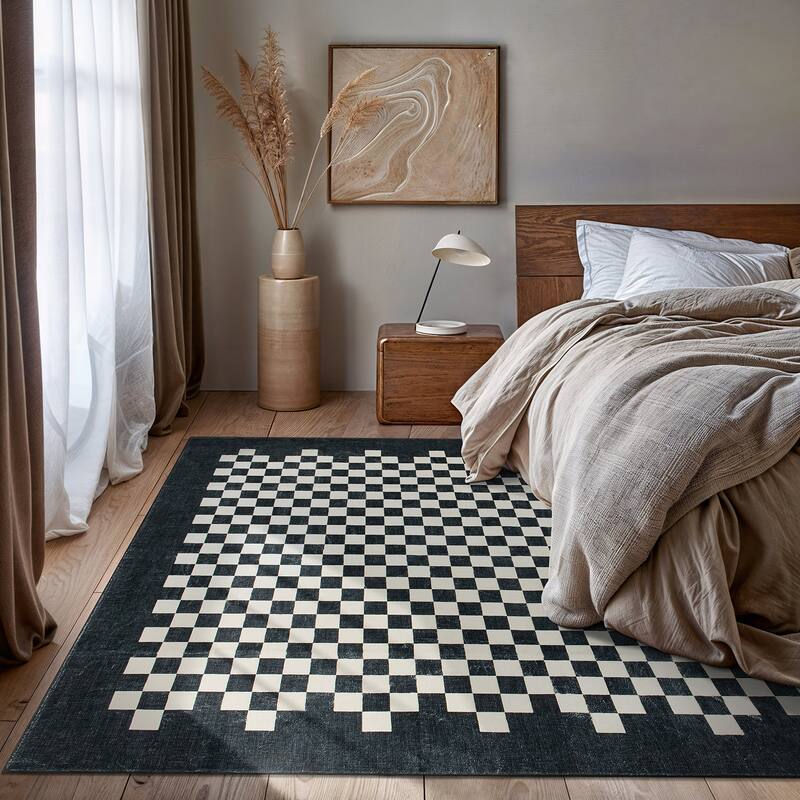 World Rug Gallery Contemporary Checkered Border Washable Non Slip Area Rug